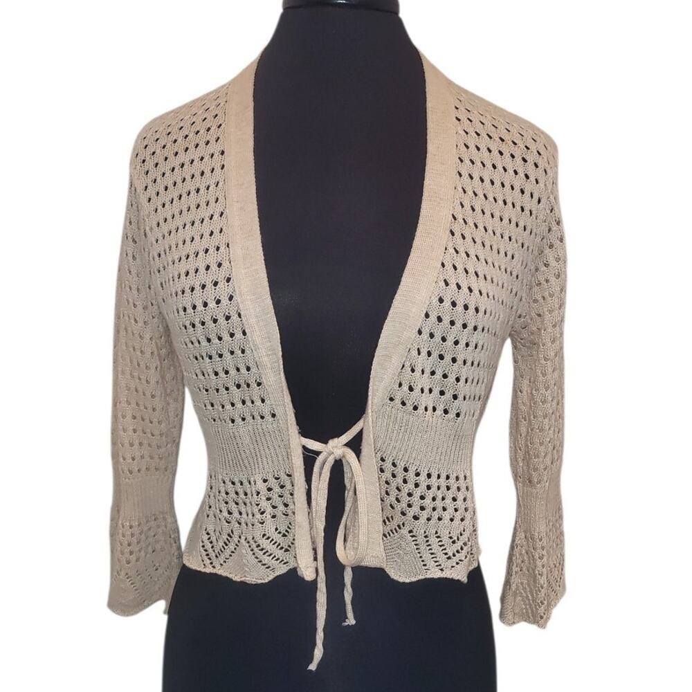 VTG 90s Crochet Cardigan L USA Made Boho Festival Beach Tie Front Cottagecore